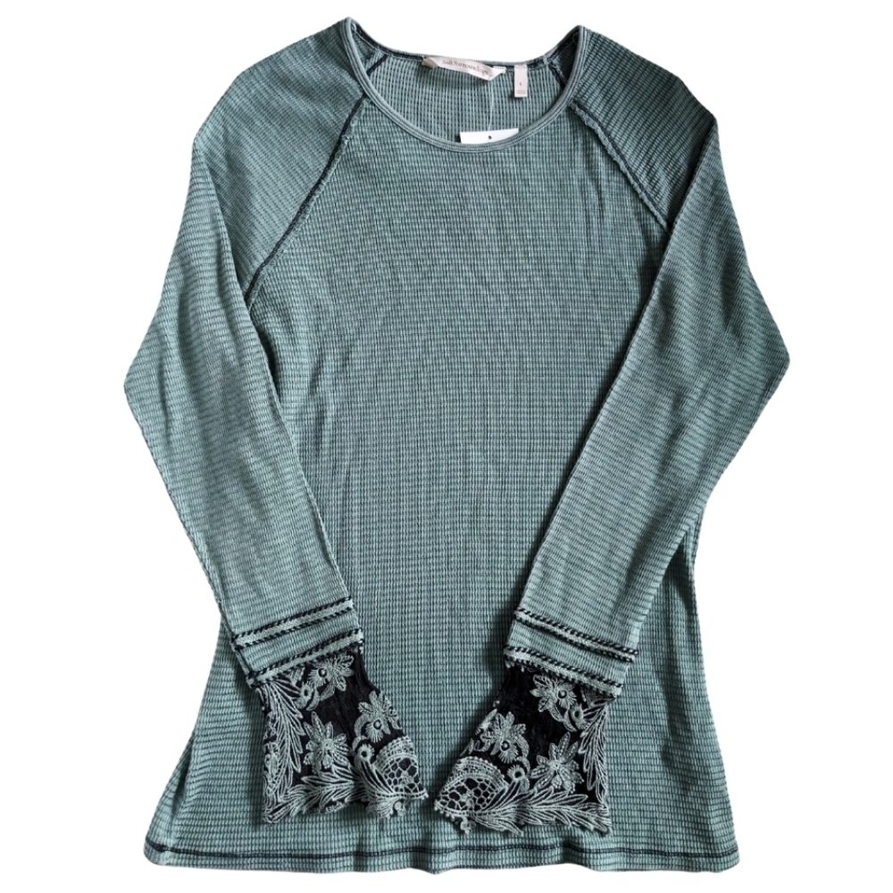 NWT Soft Surroundings Green Waffle Knit Thermal Top Embroidered Lace Cuffs SMALL
